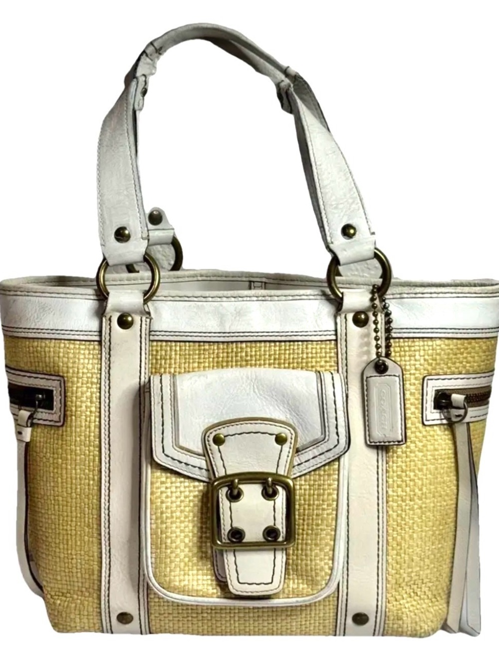 COACH BAG Y2K NATURAL STRAW WHITE LEATHER TRIM LEGACY HANDBAG TOTE